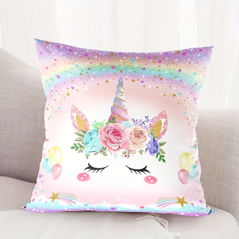 Unicorn-themed pillowcase made of woven polyester with zipper closure. Machine washable and suitable for bedroom, sofa, and home decor. Features contemporary unicorn pattern design.