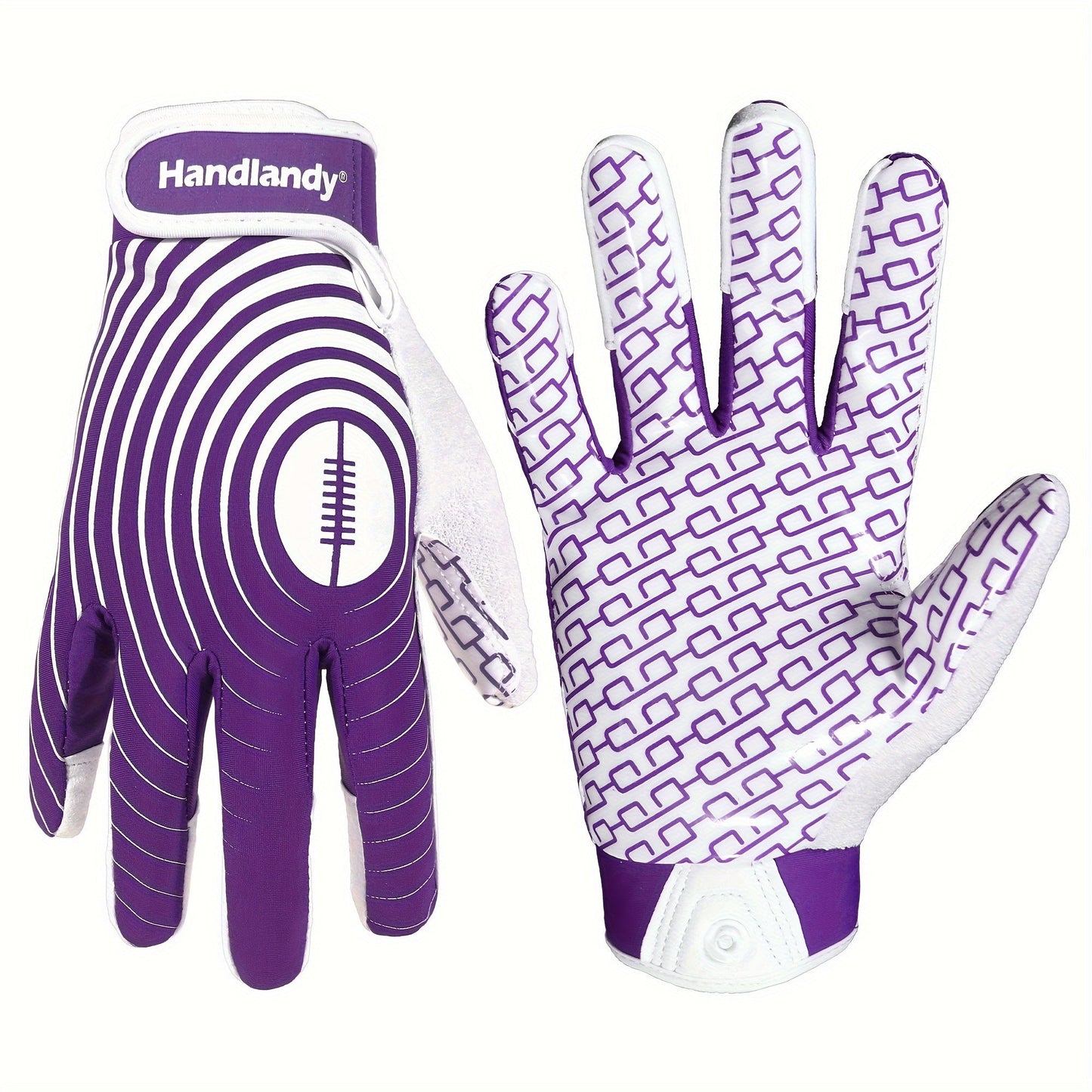 Adjustable football gloves with sticky white and golden receiver palms and elastic closure.