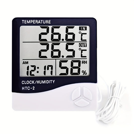 1pc HTC-2 Digital Thermometer Hygrometer, Indoor Outdoor Weather Station Clock with LCD Display, Battery Powered, 0.1 Accuracy, Plastic Material, White - Battery Not Included, Hygrometer