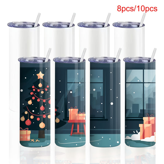 8 or 10 piece set of hot sublimation coated stainless steel cups with sealed water push cap and plastic straw, vacuum insulated with seamless inner liner, ideal for DIY gifts.