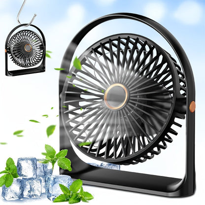 The TENGQU Portable USB Rechargeable Fan features a 1200mAh Lithium Battery and 5-Speed High-Velocity Table Fan. Perfect for use in the home, office, bedroom, or outdoors, this compact fan has a polished plastic design with button control for easy