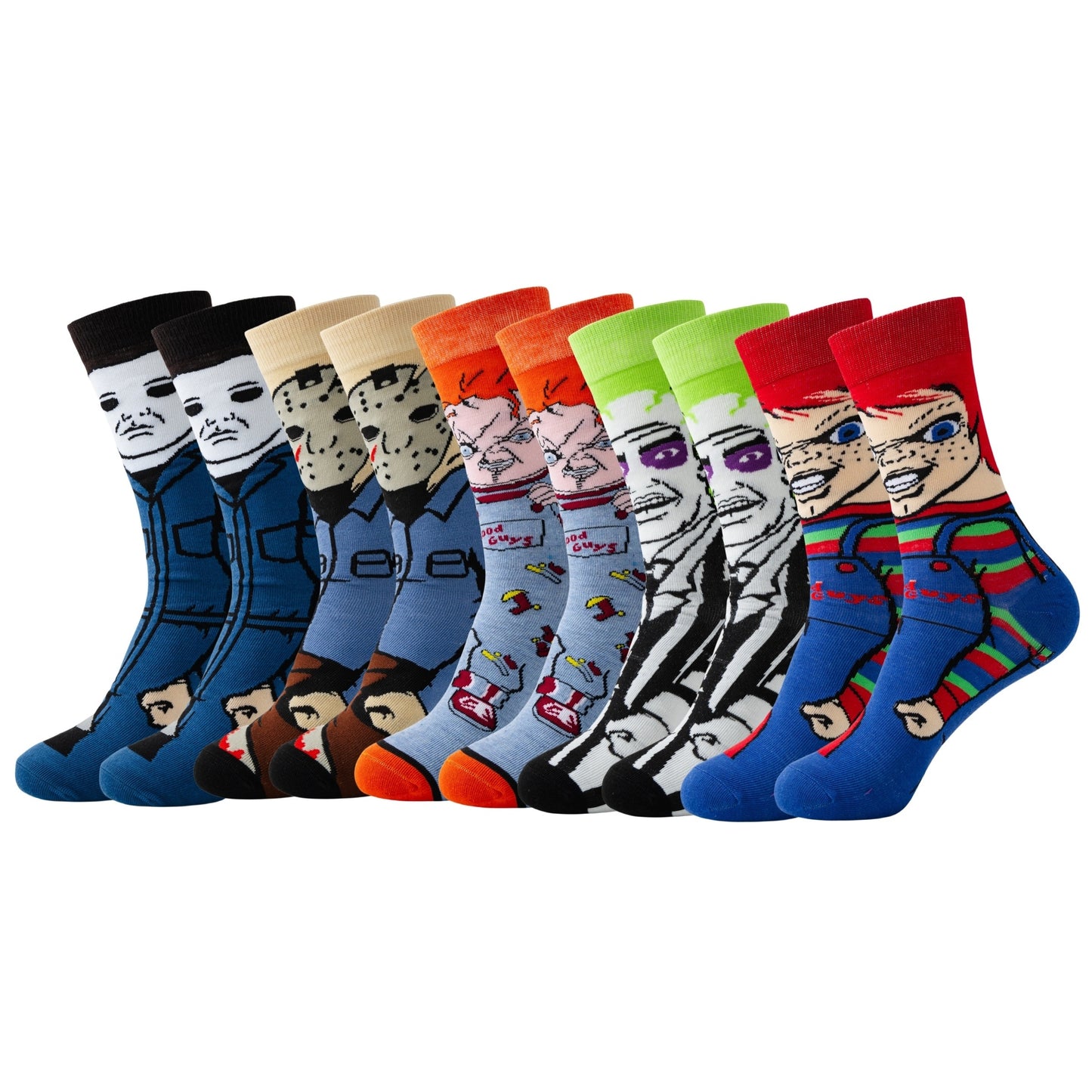 5/10/20 pairs of men's cartoon crew socks made of 97.8% Polyester and 2.2% Spandex. Breathable knit fabric with casual street style, suitable for all seasons outdoor wear. Hand washable.