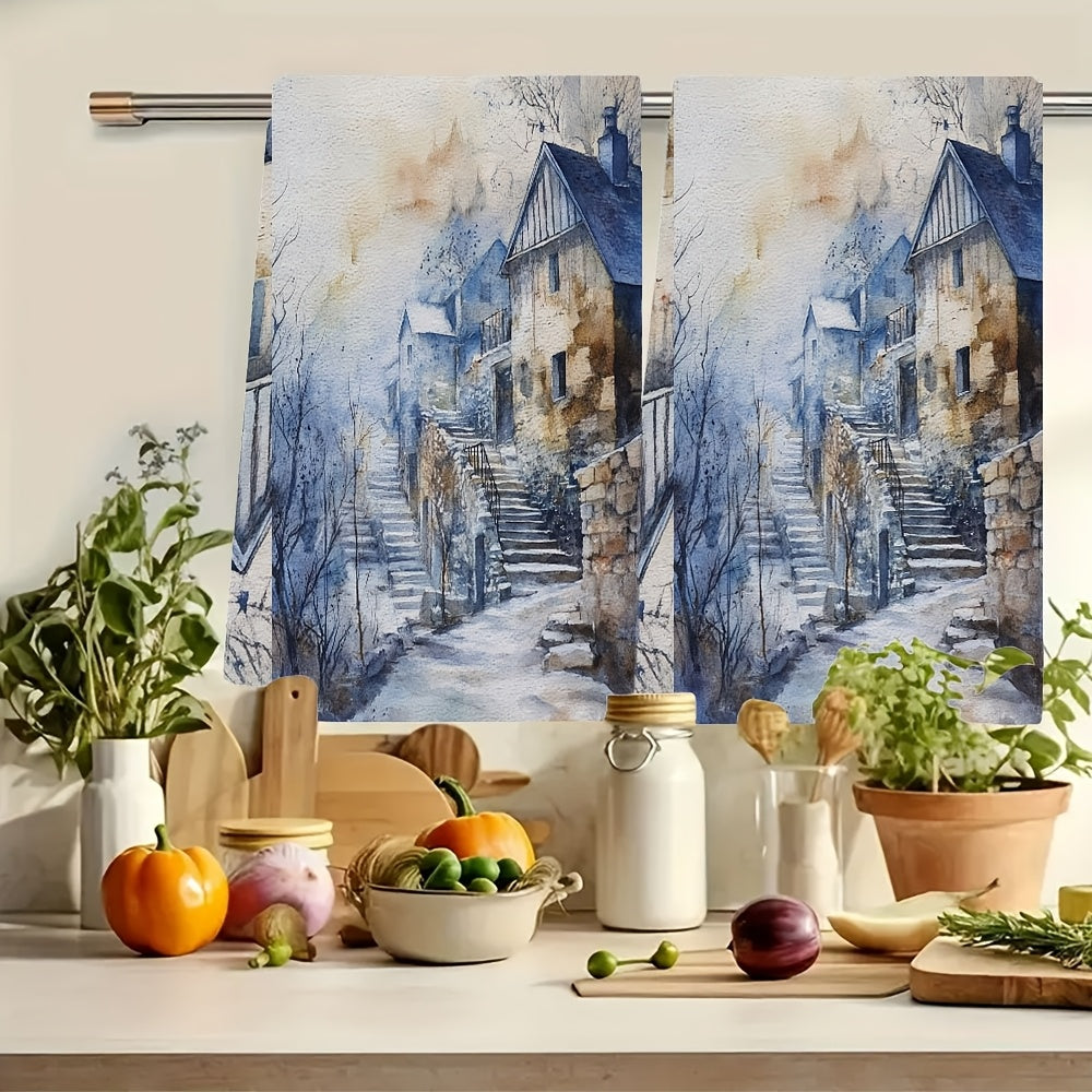 Two pieces of ultra-soft kitchen towels featuring a serene winter scene acrylic painting design. These highly absorbent and machine washable dish hand towels measure 40.64x60.96 cm, making them perfect for holiday decor and drying dishes.