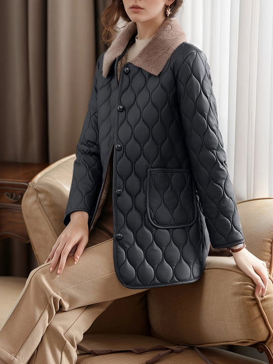 Women's polyester quilted jacket with contrast faux fur collar, long sleeve, regular fit, placket, and flared hem, 60g weight, all-season outerwear.