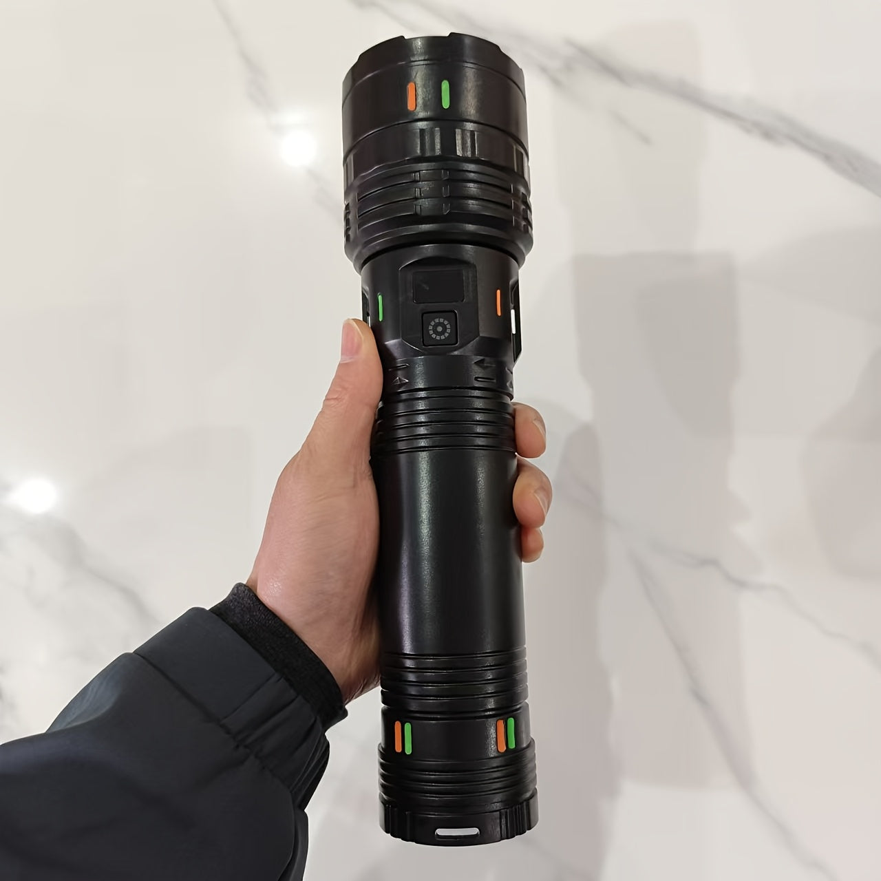 Ultra bright LED flashlight with 1000 lumens, 4 modes, 200m range, and adjustable beam. Includes a 3600mAh lithium battery that is USB Type-C rechargeable. Made of ABS material and suitable