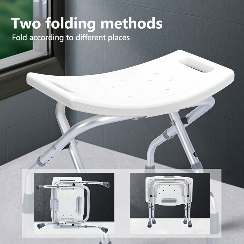 Folding shower chair with adjustable height and non-slip design for elderly, pregnant women, and those with mobility issues. No tools required. Perfect for bathroom showers.