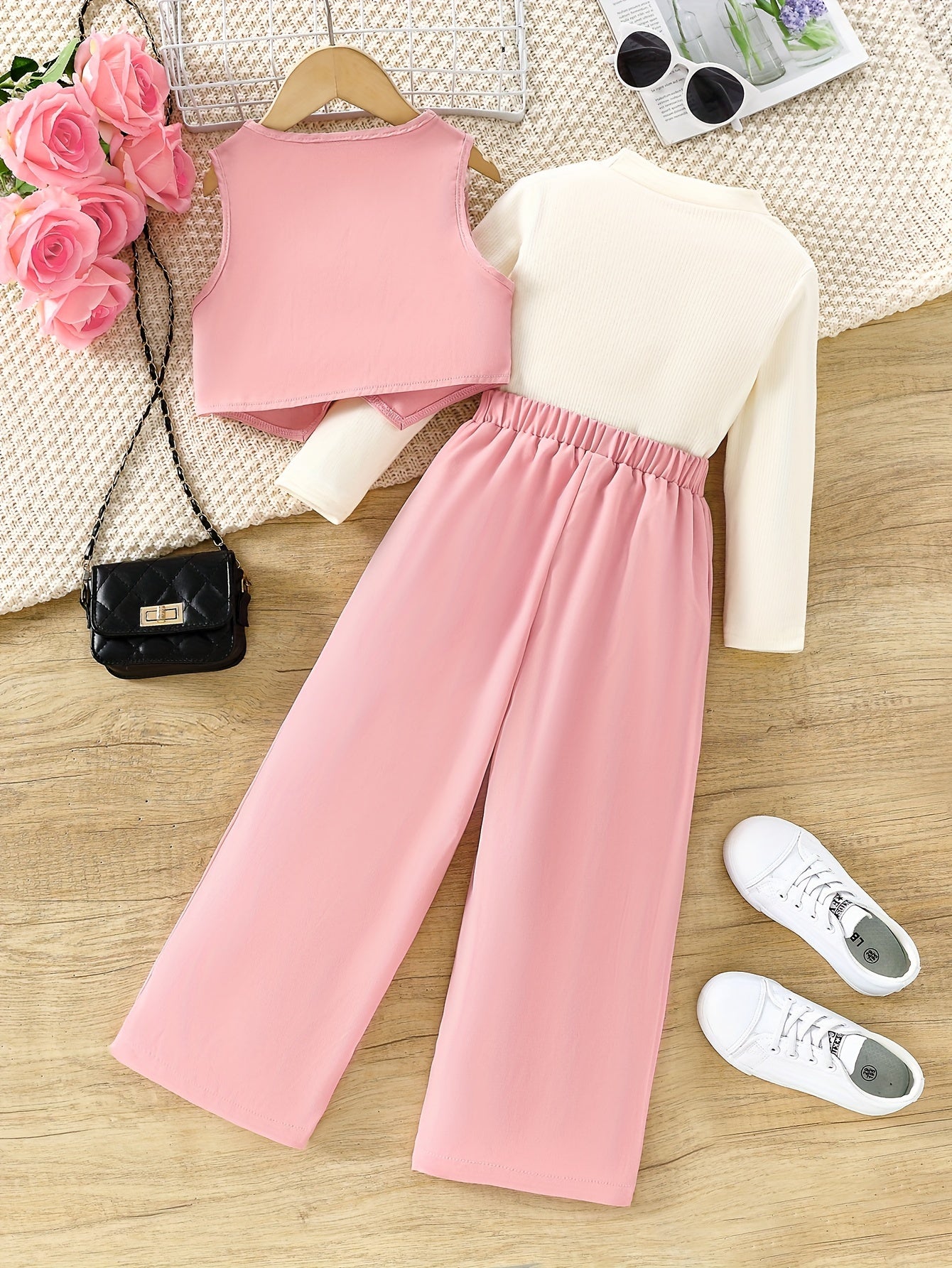 3-piece girls' casual outdoor outfit includes sleeveless vest, long sleeve top, and wide leg pants for spring and fall.