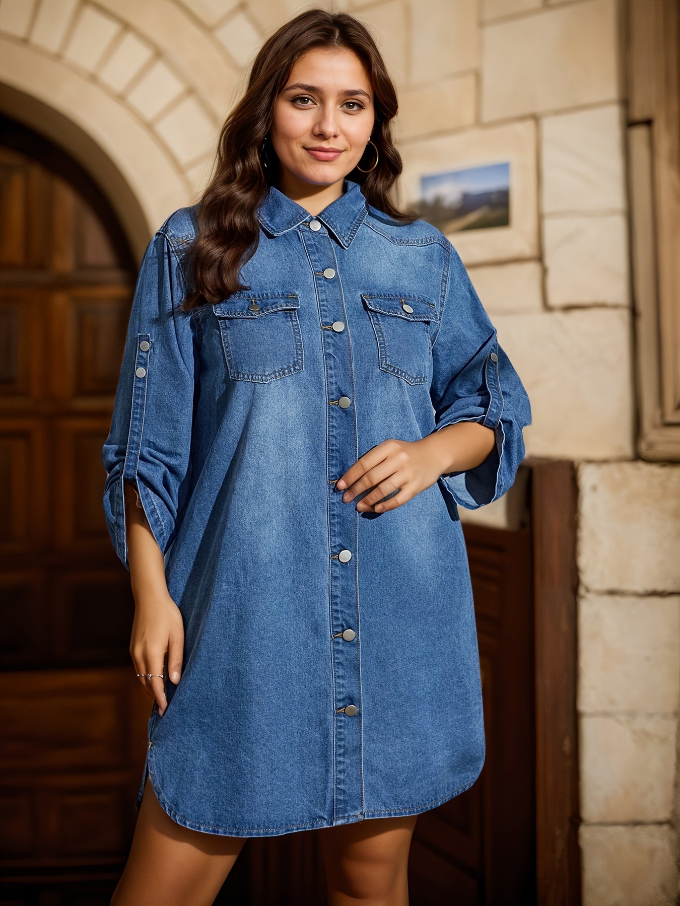 Ruffle hem denim dress with vintage style, long sleeves, and button-up design for women, machine washable.