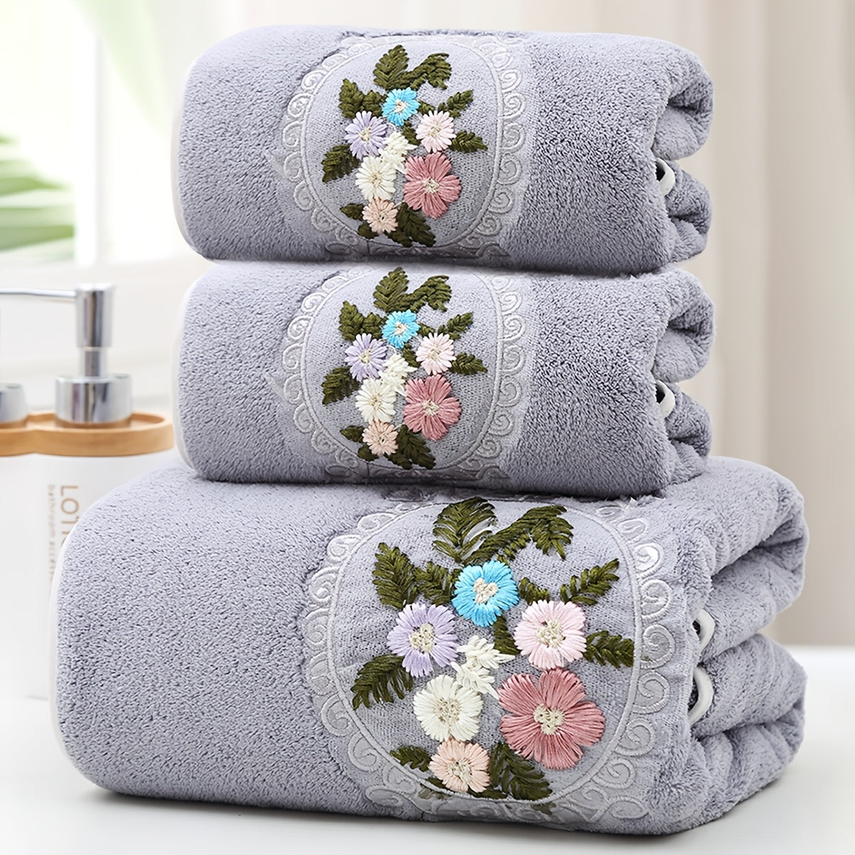 WF gauze flower 2 cents + 1 bath / 3pcs set Coral velvet embroidery towels (2 35*75cm, 1 70*140cm) soft, absorbent, quick-drying bathroom essentials for children and adults, skin-friendly