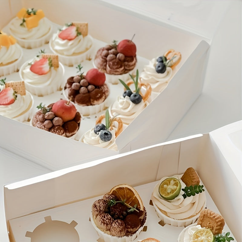 10 to 50 pieces of cupcake boxes in varying sizes (1, 2, 4, 6, 12 holes) with a transparent window. These white cardboard boxes are perfect for muffins, tarts, biscuits, snacks, desserts, and cakes. Ideal for use in cake houses, parties, bakeries, and as