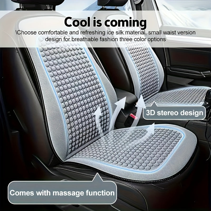 Cooling car seat cushion with breathable fabric, easy install and no-tie design for all seasons.