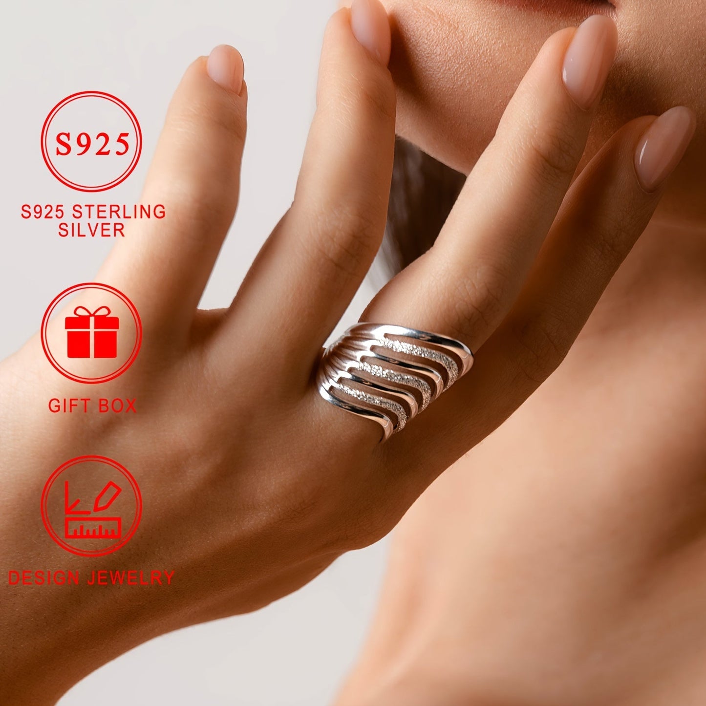 High-quality S925 Sterling Silver Multi-Layer Large Ring, Hypoallergenic and Nickel-Free, Luxurious European and American Style, Perfect for Daily Wear and Parties. Ideal Holiday Gift with Gift Box included, Lightweight at 5g, Low Allergy and Unique.