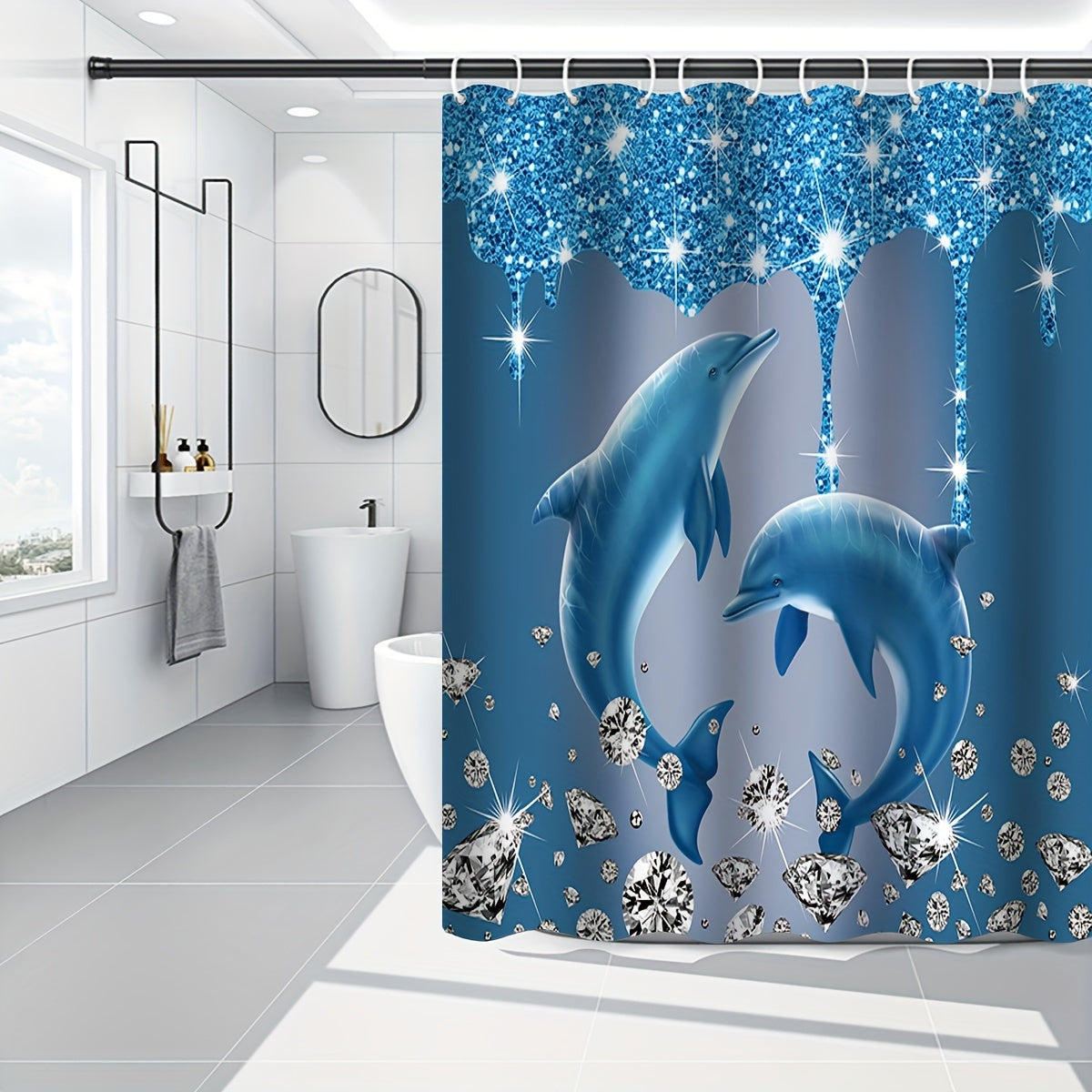 Diamond dolphin print shower curtain set with hooks, bath mat, rug, and toilet lid cover. Waterproof polyester fabric for all seasons.