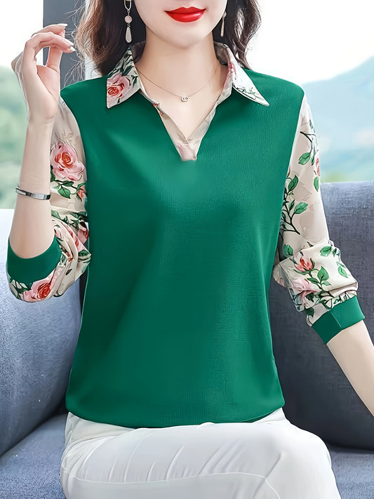 Print Panel Mom Top - Lightweight Polyester, Long Sleeve with Lapel Collar, Machine Washable - Great for Spring/Autumn Vacations