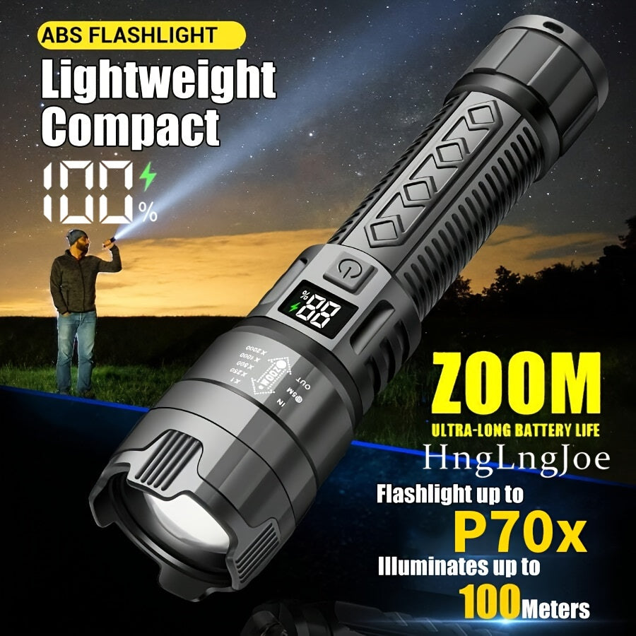 800mAh rechargeable P50 LED flashlight with zoom, USB charging, and polished metal finish - ideal for night activities like walks, fishing, and camping.