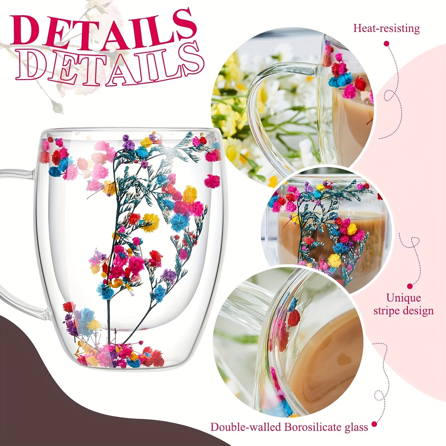 1pc, 10.14oz double layer espresso cup with flowers inside, insulated for all seasons, ideal birthday gift.