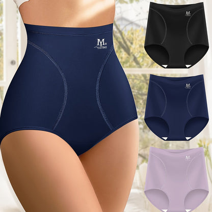 Three high waist tummy control briefs with label print, comfortable and breathable, ideal for women's lingerie and underwear.