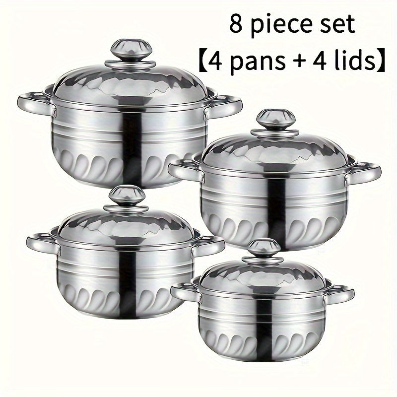 Stainless Steel Cookware Set - 8 Pieces Including Lids, Essential for Stovetop Cooking, Elegant Double-Handled Soup Pot, Great Gift Idea, Durable Stainless Steel, Must-Have Kitchen Essentials