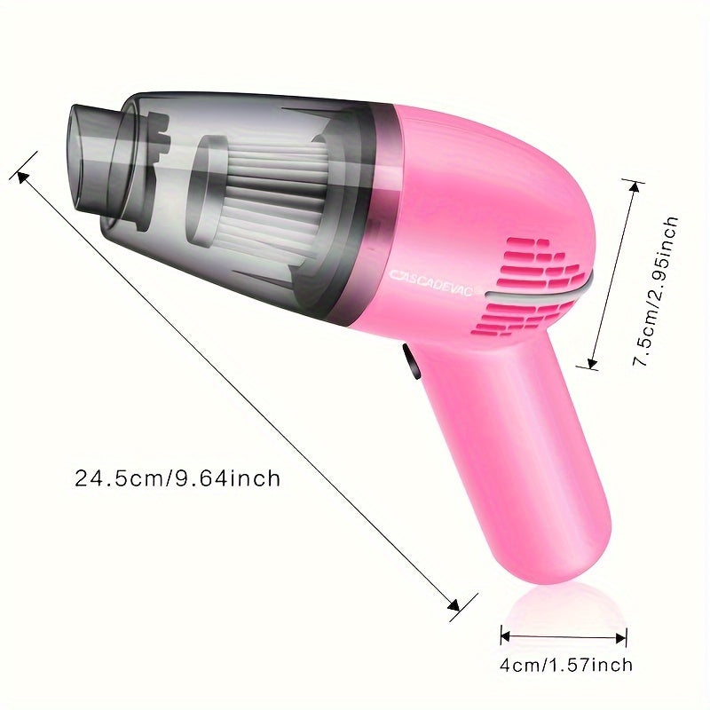 Portable mini handheld pink car vacuum cleaner with powerful suction, high capacity for wet and dry cleaning, perfect for removing pet hair and offering multifunctional use.