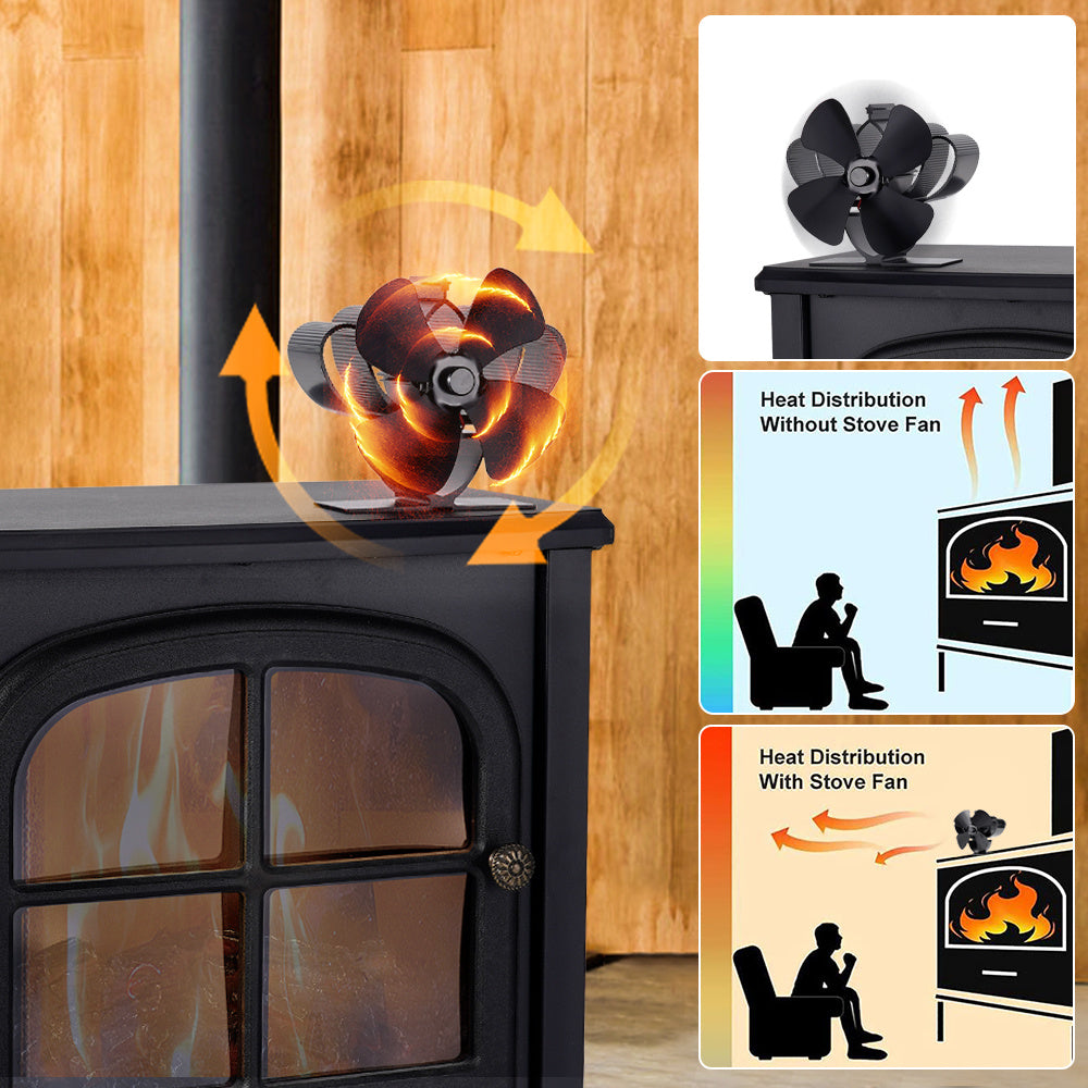 The EcoPulse Heat-Powered Mini Stove Fan is a 4-blade log wood burner exhaust fan made of metal. It is portable and designed for efficient heat distribution without the need for electricity. This fan operates quietly and helps circulate air effectively.