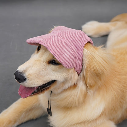 Adjustable dog baseball cap with ear holes made of breathable polyester, machine washable. Ideal for golden retrievers, labradors, and large breeds. Perfect for spring/summer/fall.