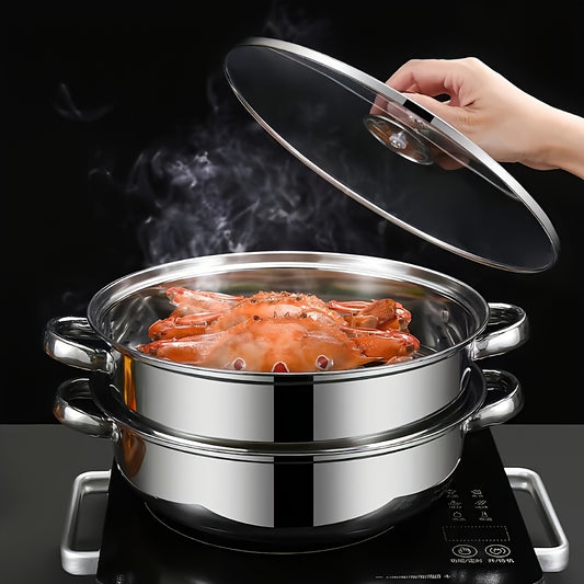 High-quality stainless steel double-layer steamer set suitable for both induction and gas stoves, ideal for cooking and entertaining.