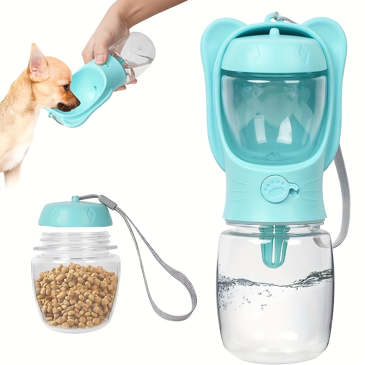 Portable dog water bottle with food container for walking, hiking, and travel. Ideal for cats, puppies, and other pets.