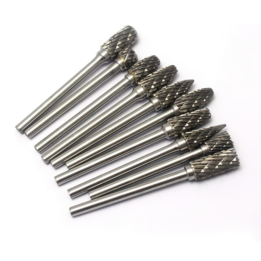 10-piece Tungsten Carbide Burr Set for Dremel Rotary Tools, Double Cut Alloy Steel Grinding Heads for Wood, Metal, Stone, and Gemstone. Handheld and welding use, assembly required. Great