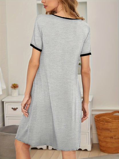 Solid nightdress with ruched short sleeves and loose fit, perfect for sleepwear.