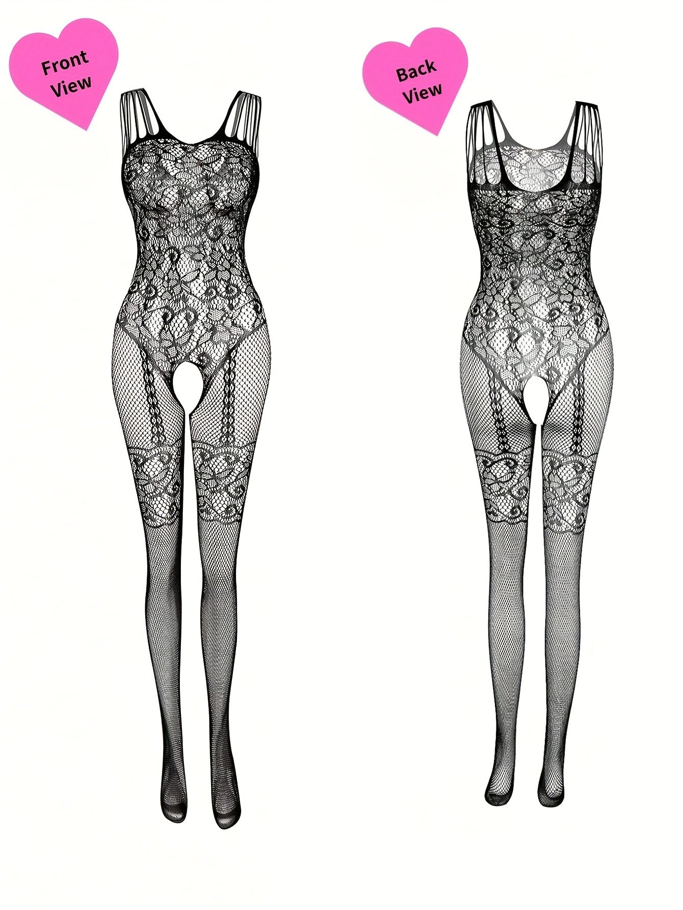 Women's black fishnet lingerie set includes bodysuit with open crotch. Made of high-elastic nylon and spandex in one size. Ideal for date nights, parties, honeymoons, and as a Valentine's