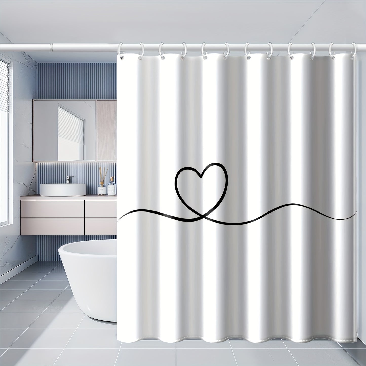 Heart pattern shower curtain set, 180x180cm, water-resistant polyester, machine washable with plastic hooks, all-season arts theme bathroom decor for home and hotel.