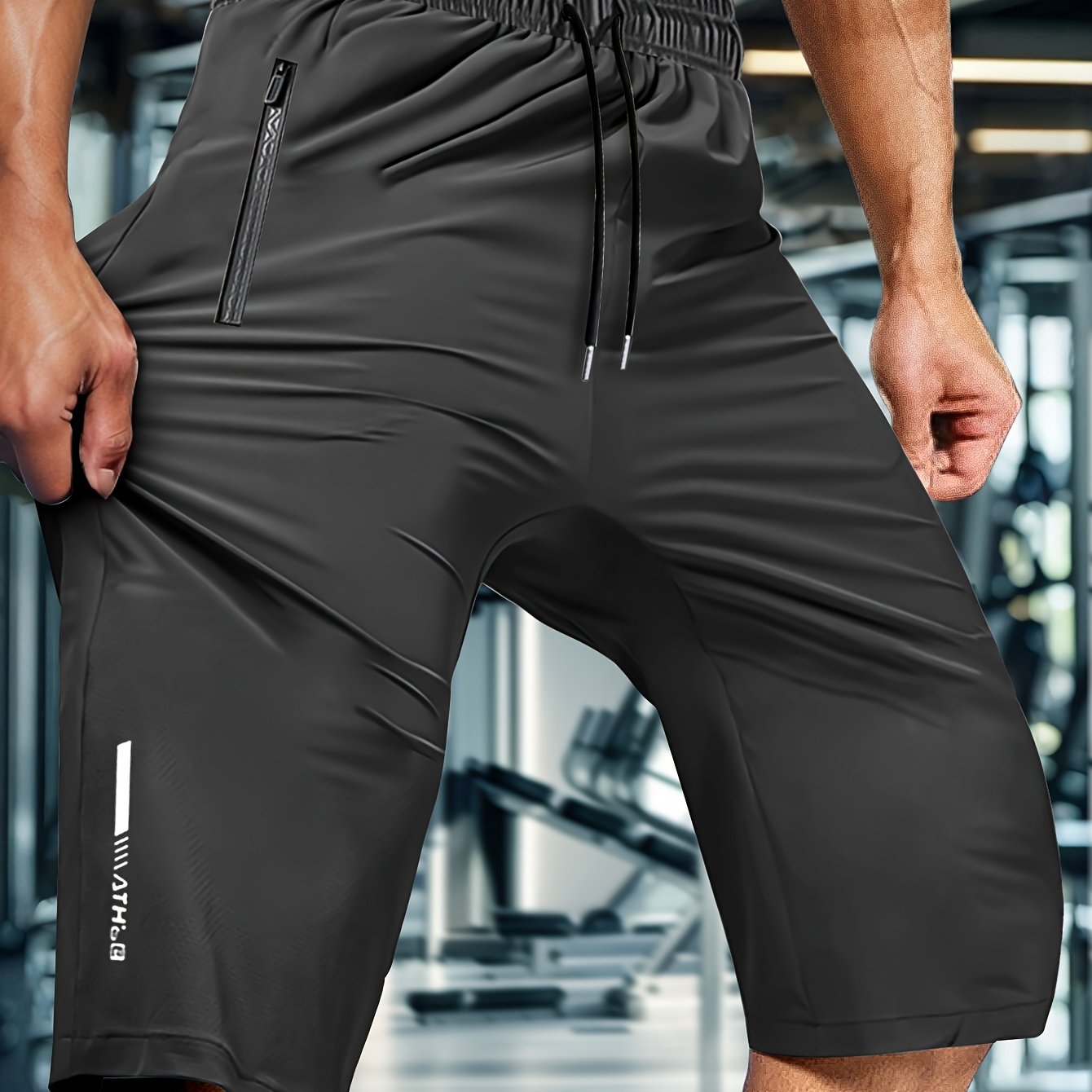 Elastic fabric men's summer capri pants with drawstring waist and zip pockets, perfect for casual sports, outdoor activities, and everyday wear.