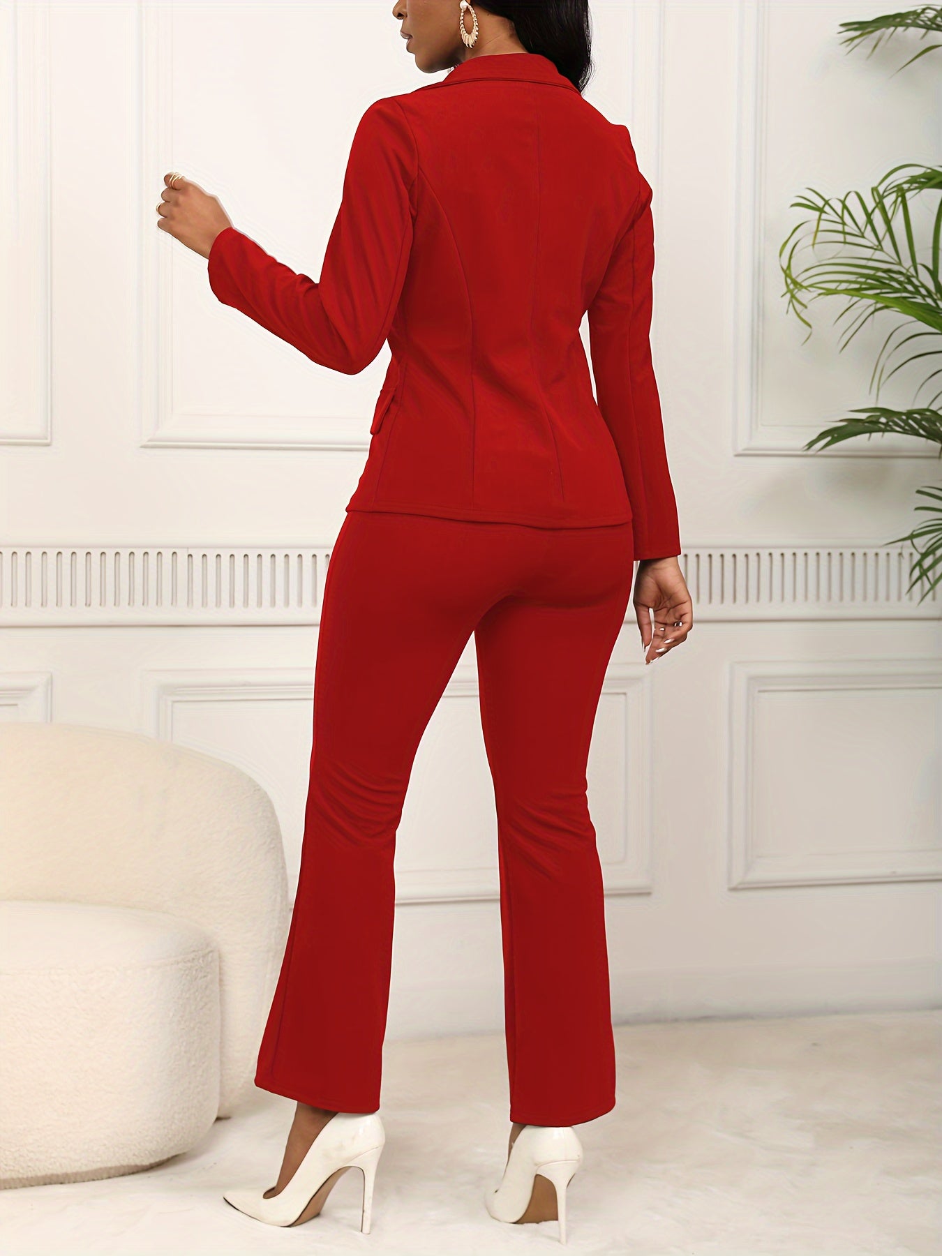 Sophisticated women's work suit set with long sleeve blazer and straight-leg pants made of stretchy polyester blend, machine washable.