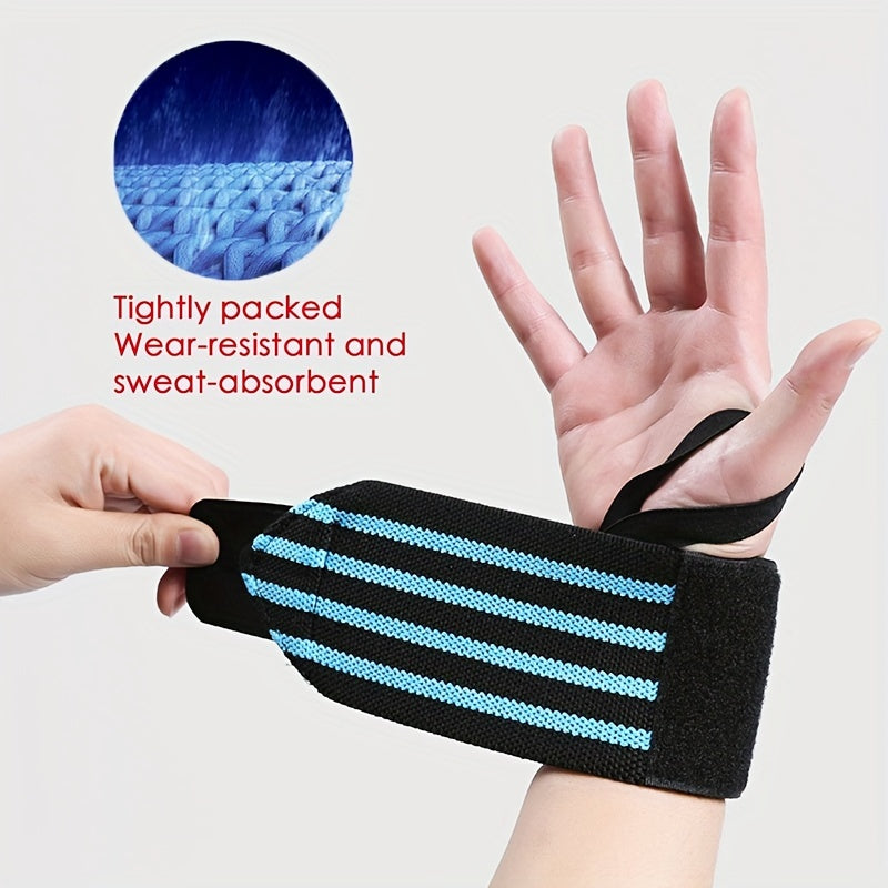 Adjustable compression wrist wrap for weightlifting and dumbbells in blue and black stripes.