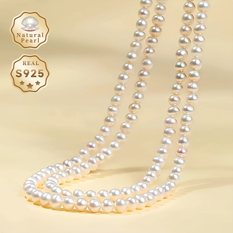 A double layer clavicle chain featuring a 1pc freshwater pearl necklace, sized 4-5mm with near-round pearls. Includes a gift box and options for brand selection. Made from natural gemstones.