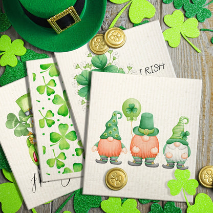 Six-Pack of St. Patrick's Day Kitchen Towels made from Reusable Wood Pulp Fiber. Features Cartoon Gnomes and Clover Print, Square Shape, Fade Resistant, Non-Textile Weaving. Perfect for Kitchen Use as Dishwashing Cloths.