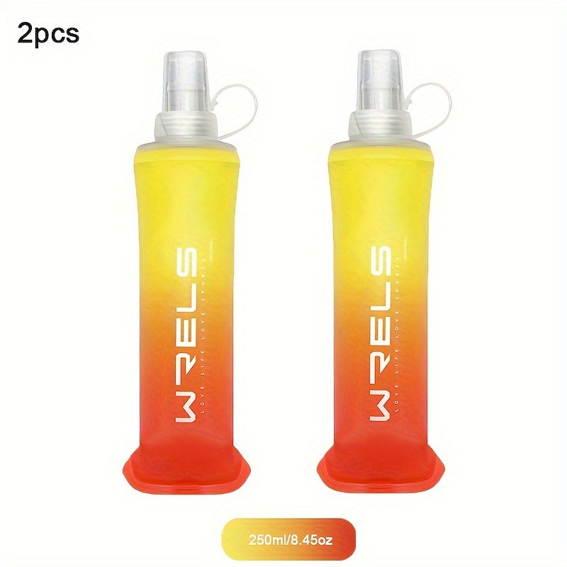 WRELS 2pcs collapsible silicone water bottles in sizes 8.5oz & 17oz, BPA-free for running, hiking, and cycling.