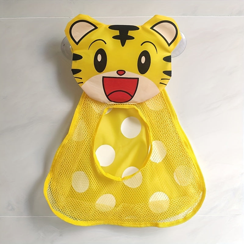 Large capacity mesh storage bag featuring cartoon animal designs, including a duck, frog, tiger, and panda. Comes in a 1-piece set with suction cups for hanging. Can be used for storing toys or other items. Measures 39.98 * 31.98 cm.