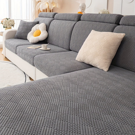 Modern polar fleece jacquard sofa slipcover with elastic band for a fitted look. Machine washable and pet-friendly. Fits sectional, armchair, loveseat, 3-seater, and 4-seater sofas. Includes armrest covers. Great Christmas gift idea.