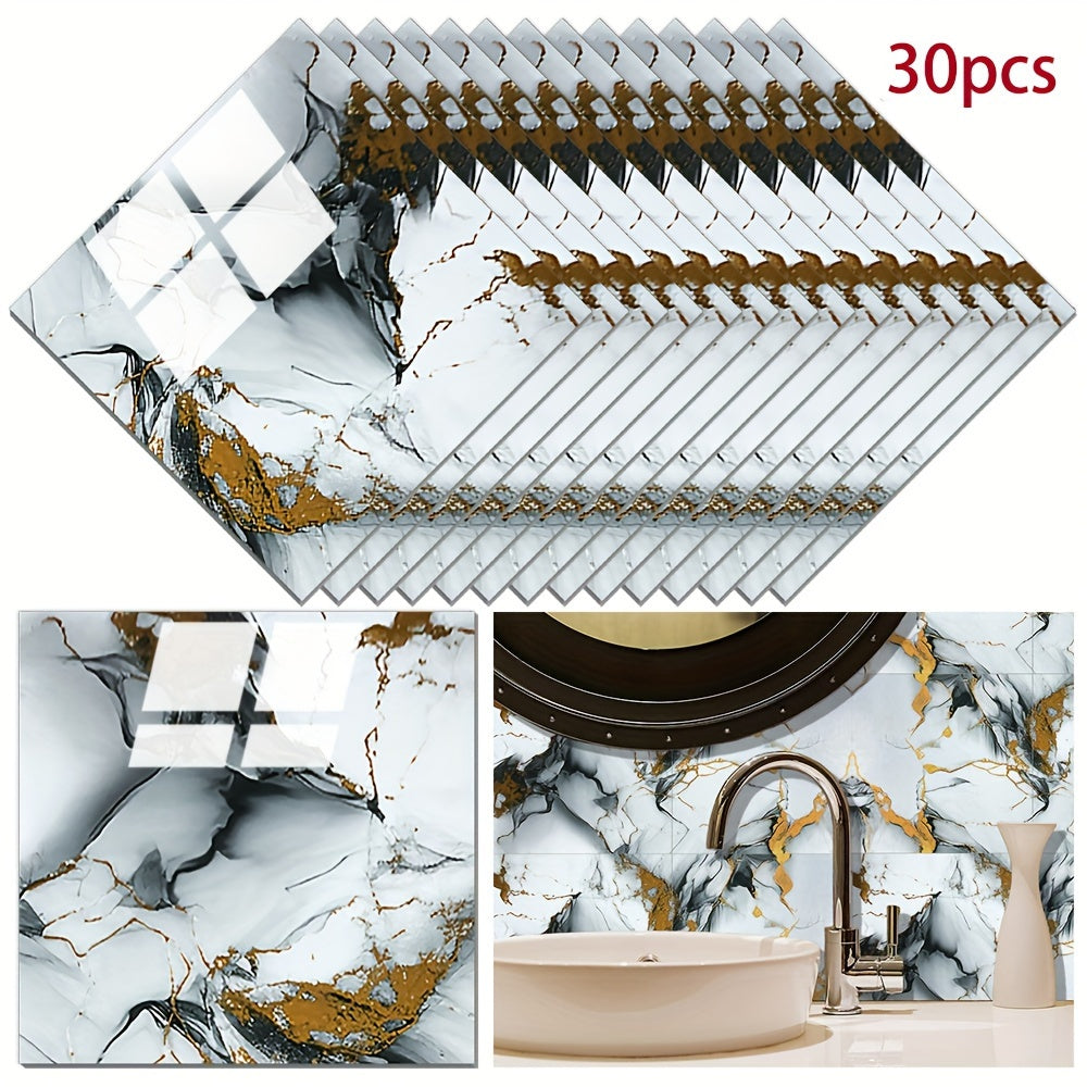 30 self-adhesive marble effect wall tile stickers for kitchen and bathroom decor, waterproof PVC, cuttable and peelable, in gray and golden design.