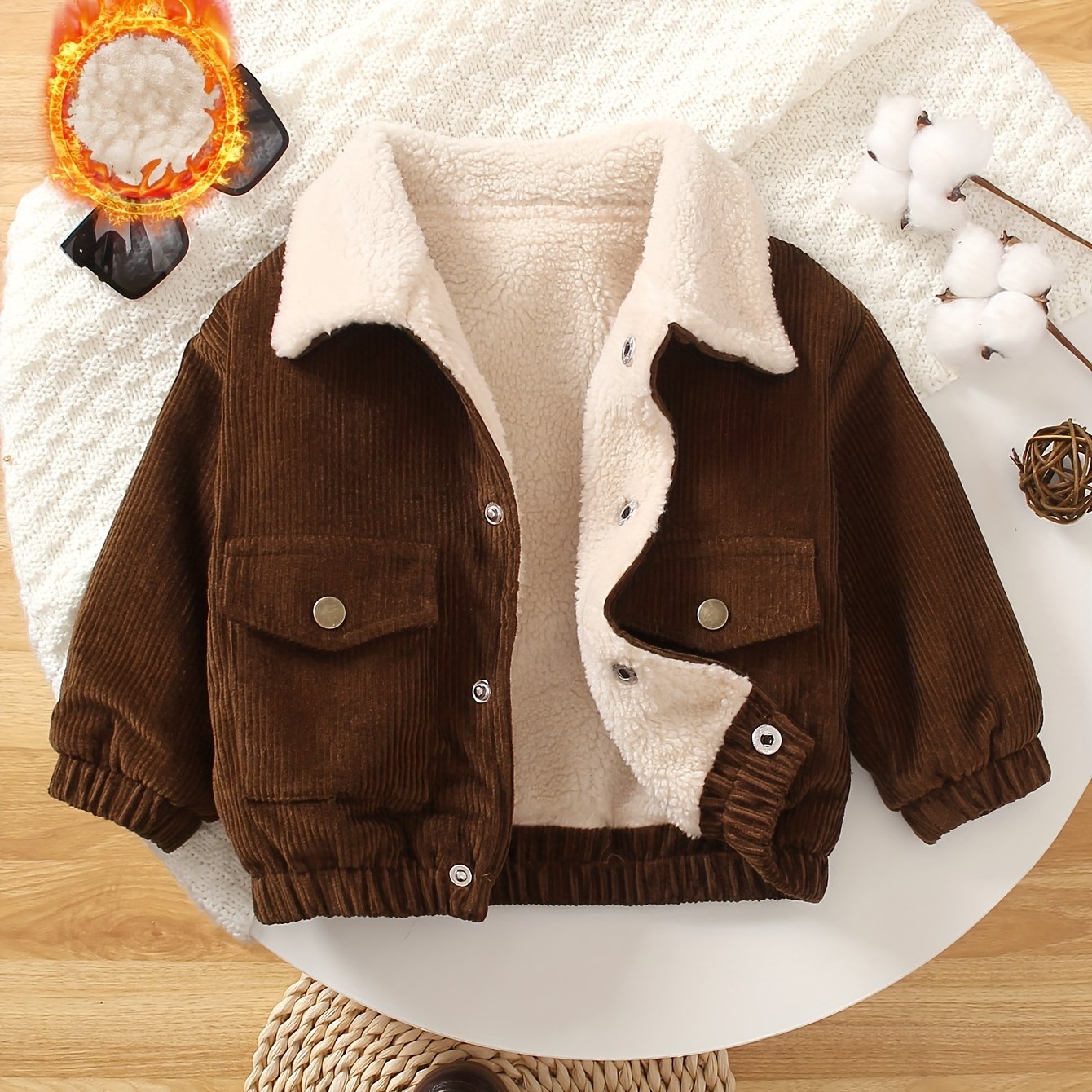 Baby boy's corduroy jacket with warm fuzzy lining, button front, and turndown collar. Perfect for fall and winter outdoor activities.