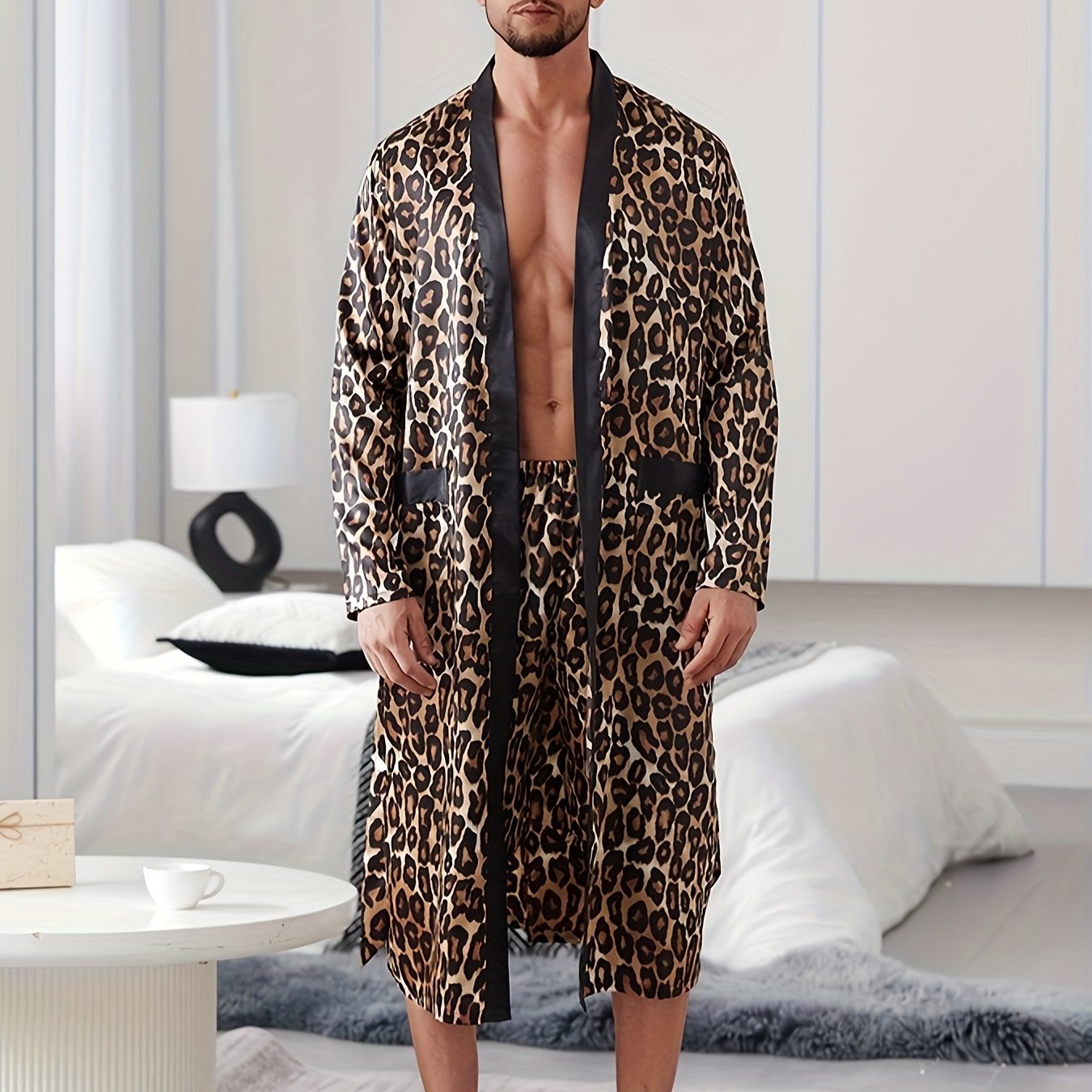 Men's Leopard Print Pajama Set with V-Neck, Long Sleeve Robe, Belted Pants - Machine Washable Casual Sleepwear