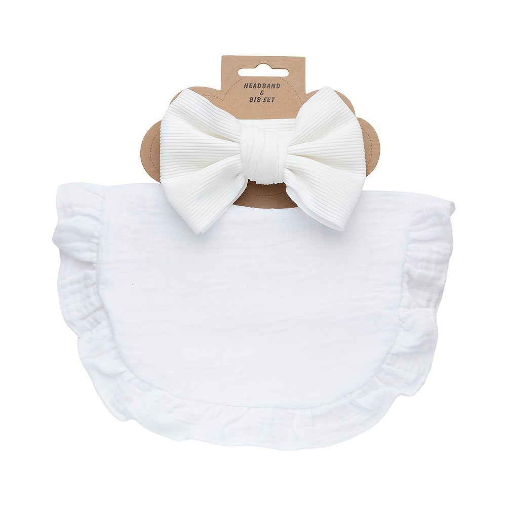 Set of 2 includes a lotus leaf bib and an elastic bow headband. The set also includes a plain color soft bib with snap button closure.