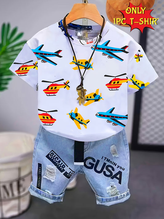 Colorful cartoon planes print t-shirt for boys and girls, perfect for summer fun.