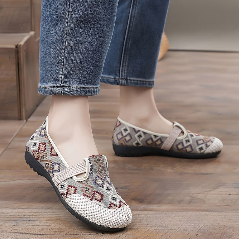 Stylish slip-on sneakers with soft insole, geometric pattern, ideal for everyday and outdoor wear.