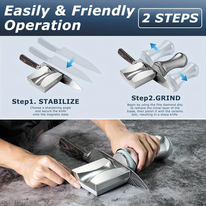 Sharpen all your knives effortlessly with the 1Set Rolling Knife Sharpener. This premium sharpening kit includes 360 & 600 diamond discs for all your straight edges, as well as 1000 & 3000 discs for different hardness levels. The gripable aluminum body