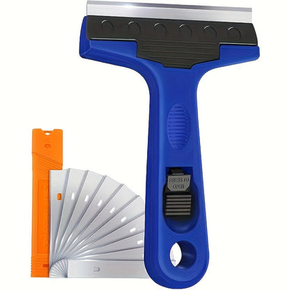 The cleaning tool set comes with a 4-inch cleaning knife, equipped with 10 blades. It boasts a sleek straight back design and a sturdy plastic handle, making it perfect for removing a variety of materials such as floor, wood, window, glass, wallpaper