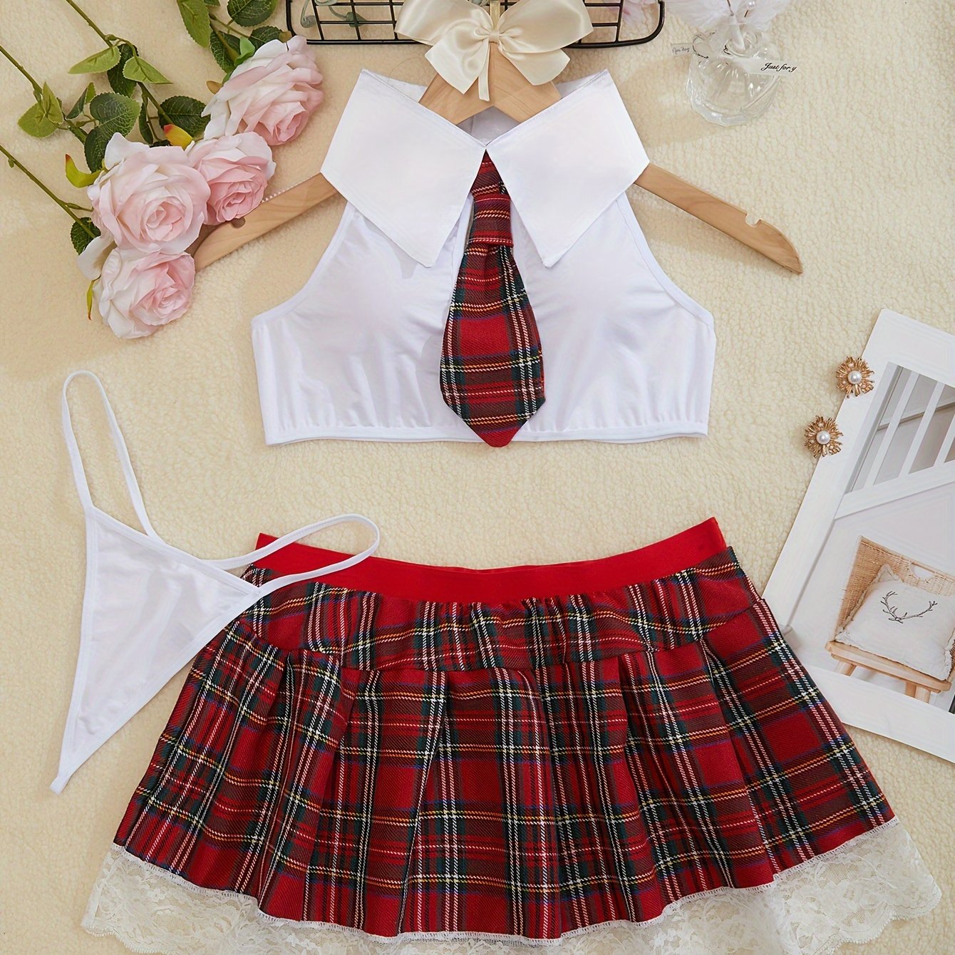 3-piece women's preppy cosplay uniform set features plaid pattern, backless design, and woven lash outfit for roleplay, made of polyester and acrylic.