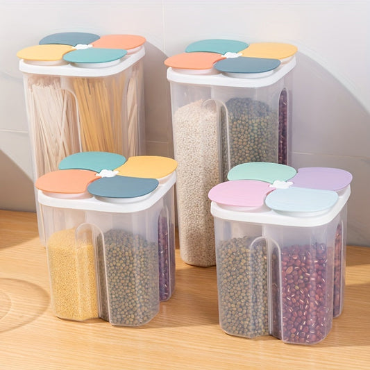 Single food storage container with 4 grids and lids, designed for storing cereal, rice, pasta, flour, and sugar. This clear airtight square container is moisture-proof and transparent, perfect for keeping food fresh. Can be used for food jars and