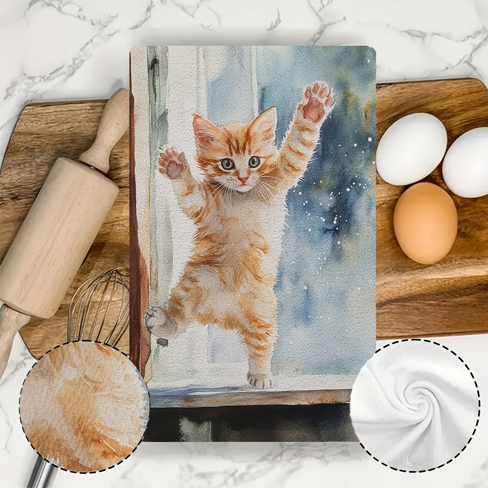 This set includes 2 ultra-soft kitchen towels with a playful kitten jumping onto a windowsill design. These highly absorbent dish towels are great for holiday decoration and can be easily machine washed. Each towel measures 40.64x60.96 cm.